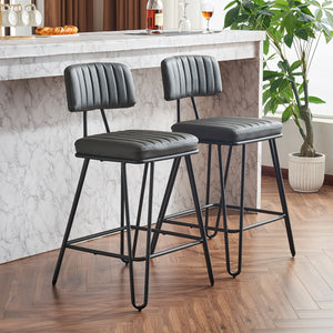 English Elm Industrial Bar Stools Set of 2 — Counter Height PU Leather Seats, Sturdy Metal Frame, Ergonomic Backrest and Footrest for Kitchen Island and Home Bar Grey W1901P264278