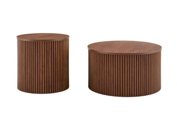 English Elm 2-piece Round Nesting Tables with Fluted Column Base Hidden Storage Oak Grain Finish Walnut W3875P396845