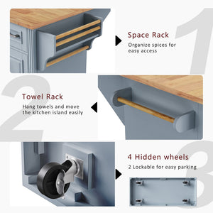 English Elm K&k Farmhouse Rolling Kitchen Island Rubberwood Drop Leaf 3 Drawers 4 Cabinet Doors Grey+Blue N707S195395G