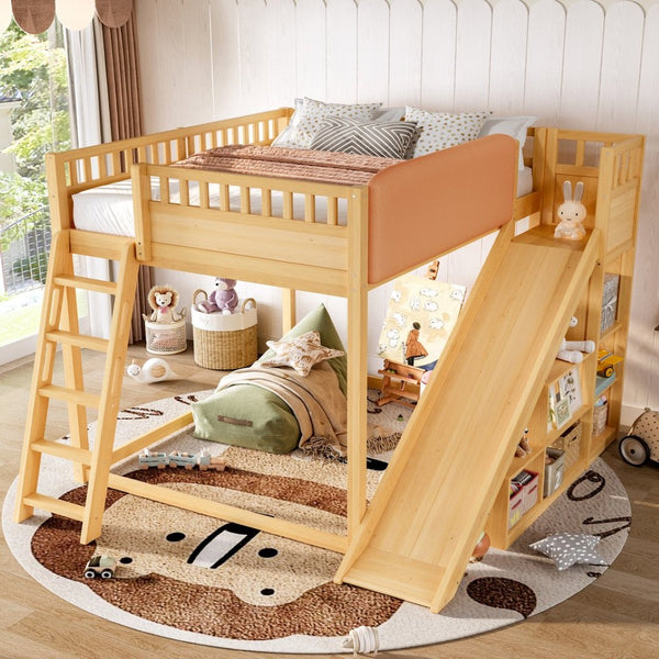 English Elm Full Size Kids Loft Bed Pine Frame Upholstered Headboard Built in Slide and Storage Shelves Natural W1580S00306