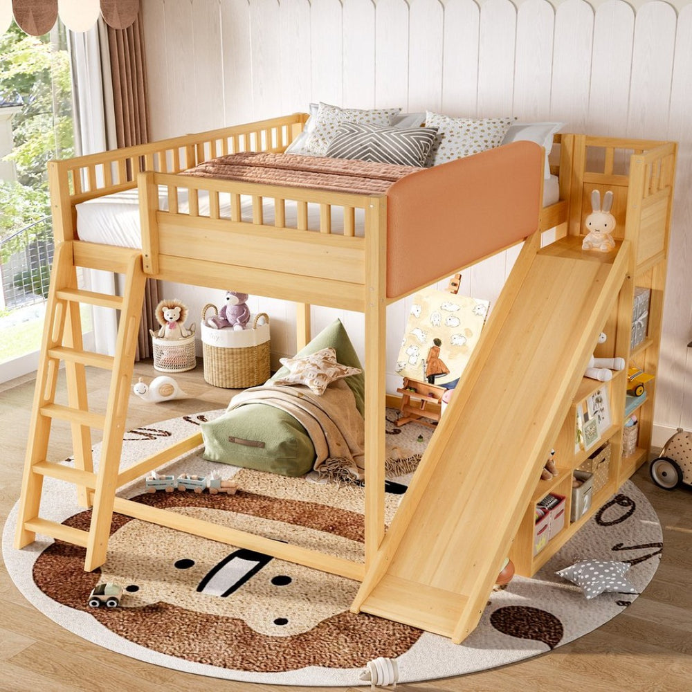 English Elm Full Size Kids Loft Bed Pine Frame Upholstered Headboard Built in Slide and Storage Shelves Natural W1580S00639