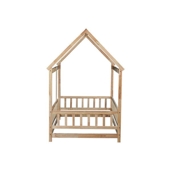 English Elm Twin House Frame Floor Bed Rubberwood with Roof Canopy and Safety Rails for Kids Natural W504P429345