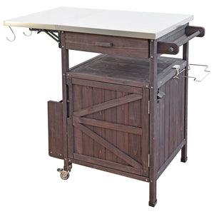 English Elm K&K 40.5" Outdoor Grill Cart with 201 Stainless Top, Solid Fir Storage, Drop Leaf & Lockable Wheels Brown N707P228272Z