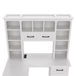 English Elm L-Shaped Corner Desk with 3 Cabinets, 2 Drawers & 11 Shelves, Built-In Power Outlet for Home Office White W1580S00188