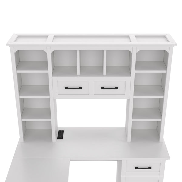 English Elm L-Shaped Corner Desk with 3 Cabinets, 2 Drawers & 11 Shelves, Built-In Power Outlet for Home Office White W1580S00188