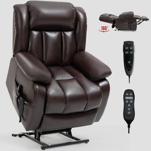 English Elm Dual Motor Power Lift Recliner with Massage Heat and 180 Degree Brown Lounge Chair W1803S00042