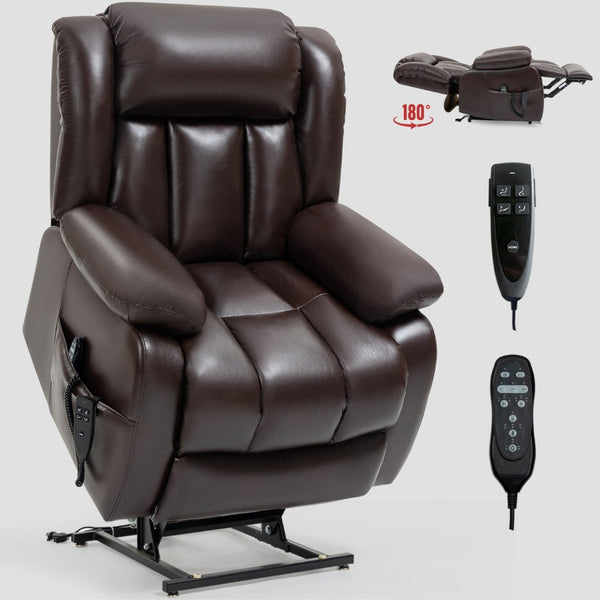 English Elm Dual Motor Power Lift Recliner with Massage Heat and 180 Degree Brown Lounge Chair W1803S00042