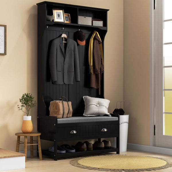 English Elm HOMCOM Entryway Hall Tree with Bench and 5 Double Hooks, Shoe Storage, Anti-Tip Mudroom Organizer Black W2225P249586