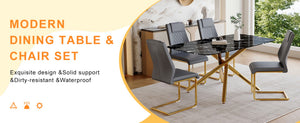 English Elm Table and Chair Set Marble Tempered Glass Top Gold Sculptural Legs Four Pu Seats Black+Gold,Dark Gray W1151S03296