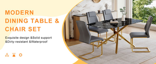 English Elm Table and Chair Set Marble Tempered Glass Top Gold Sculptural Legs Four Pu Seats Black+Gold,Dark Gray W1151S03296