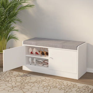 English Elm Shoe Storage Bench with Cushion and 2-Door Cabinet, Ventilated, Adjustable Shelves, 300lb Seat W760P206351
