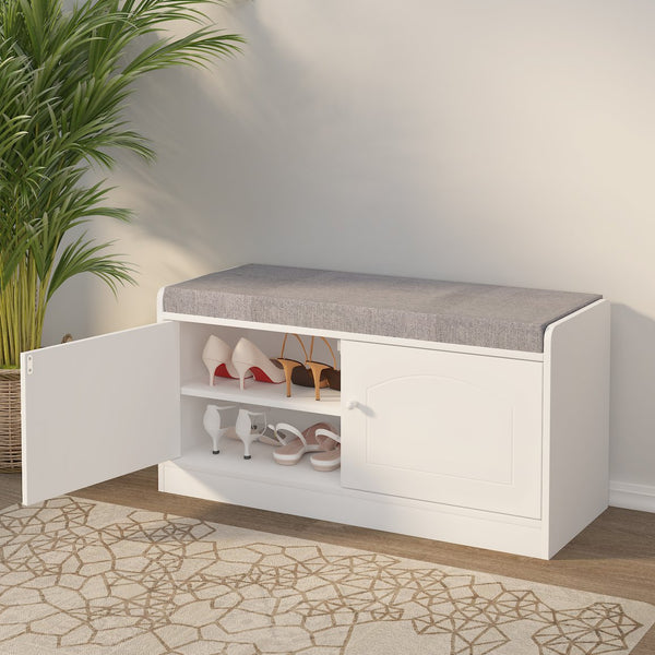 English Elm Shoe Storage Bench with Cushion and 2-Door Cabinet, Ventilated, Adjustable Shelves, 300lb Seat W760P206351