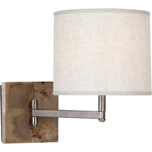 Robert Abbey Oliver Wall Swinger Unfinished Mango Wood with Patina Nickel Accents Open Weave Heather Linen Shade