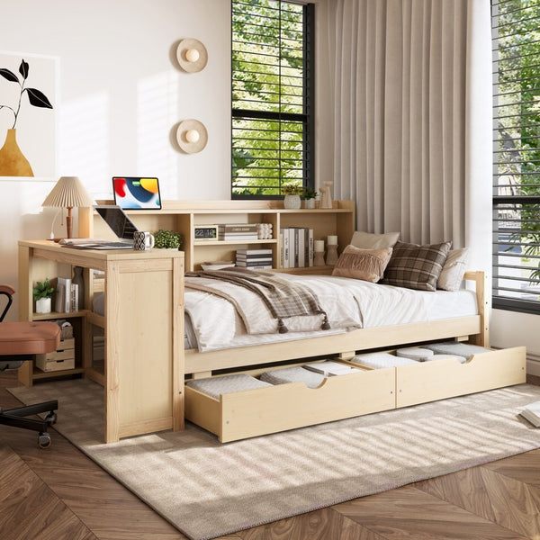 English Elm Twin Corner Daybed Pine Frame Built in Desk Bookcase Drawers Charging Kids Room Natural W697S00042