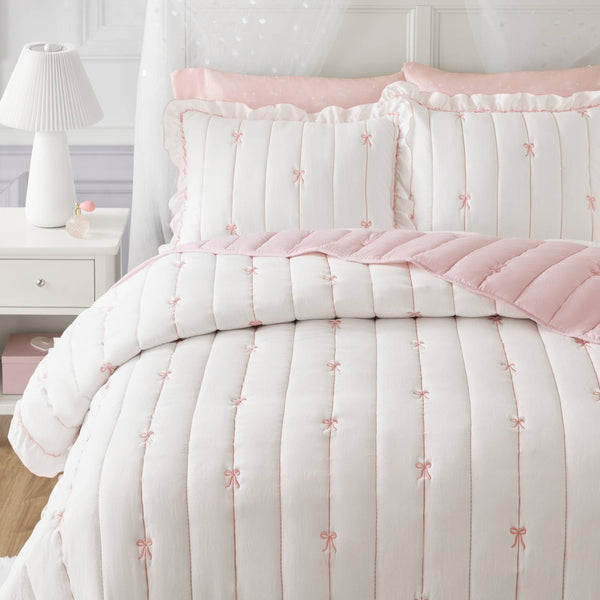English Elm 3-piece Reversible Microfiber Quilt Set Bow Embroidery Ruffled Trim Romantic Bedroom Pink+White B035P482881
