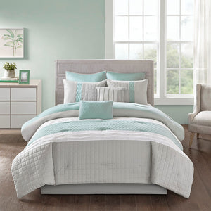 English Elm 8 Tinsley 8-Piece Comforter Set Seafoam Grey Queen — Ultra-Soft Microfiber, Pintuck Quilting, Decorative Pillows and Bedskirt Multicolor 22.05 L x 18.9 W x 13.78 H B03594916