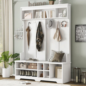 English Elm Modern Entryway Hall Tree with Six Hooks Bench Seat and Open Shoe Cubbies White W1580S00617