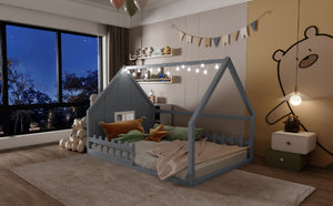 English Elm Full House Bed Frame with Window & Fence Playhouse Design, Sturdy Pine/MDF, Safe 400lb Capacity Gray N709P215545E