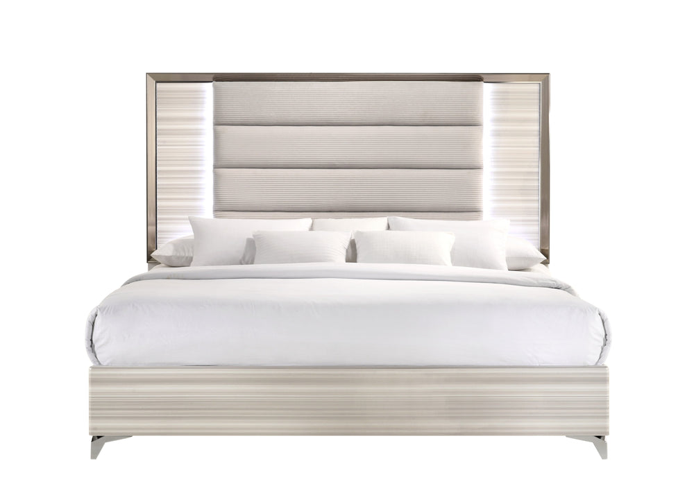 English Elm STAR White Solid Wood Bed with Upholstered Headboard, Built-In LED Lighting, Modern Design King B201S00086