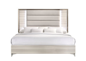 English Elm STAR White Solid Wood Bed with Upholstered Headboard, Built-In LED Lighting, Modern Design King B201S00086