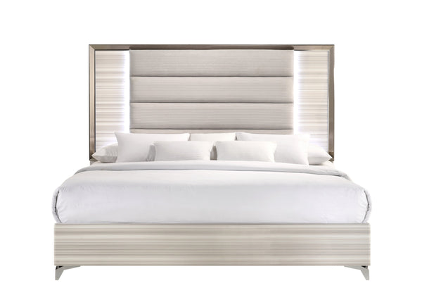 English Elm STAR White Solid Wood Bed with Upholstered Headboard, Built-In LED Lighting, Modern Design King B201S00086