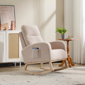 English Elm Modern Upholstered Glider Rocker with Teddy Fabric High Back and Rubberwood Base Beige W3723P409073