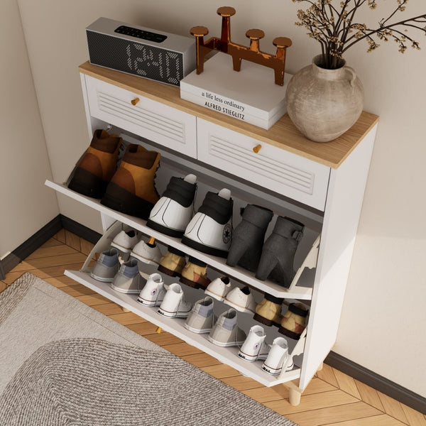 English Elm Shoes Storage Cabinet Slim Flip Door Entryway Organizer with Natural Wood Legs 16 Pairs W3166P266365