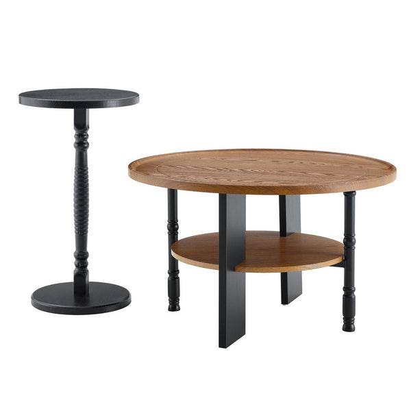 English Elm 2-piece Round Coffee and Side Table Set Walnut Grain Storage Shelf Living Room W1151P433331
