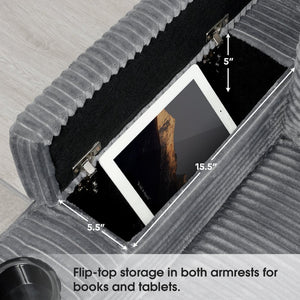 English Elm 104" Corduroy L-shaped Sectional with Usb Charging Armrest Storage and Cup Holders Gray N723S1187E