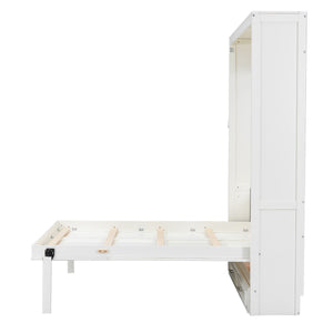 English Elm Full Murphy Bed with Storage Cabinets and Shelves, Space-Saving Wooden Wall Bed with 600lb Capacity Beige N7090004012A