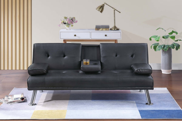 English Elm Black Faux Leather Adjustable Sofa With Fold-Down Table & Cup Holders - Stylish Sleep & Lounge Solution B011P381496