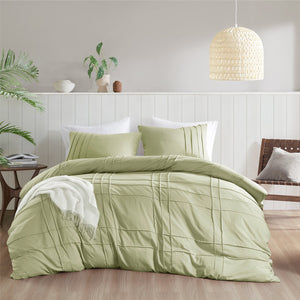 JLA Home Comfort Spaces - Soft Soft Washed Pleated Duvet Cover Set with OEKO-TEX, Ultra-Soft Microfiber, Breathable All-Season Comfort Sage AM12-0147