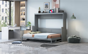 English Elm Full Size Murphy Bed With Hydraulic Lift & Integrated Desk For Space-Saving, Gray Pinewood Design N820S00032E