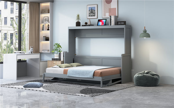 English Elm Full Size Murphy Bed With Hydraulic Lift & Integrated Desk For Space-Saving, Gray Pinewood Design N820S00032E