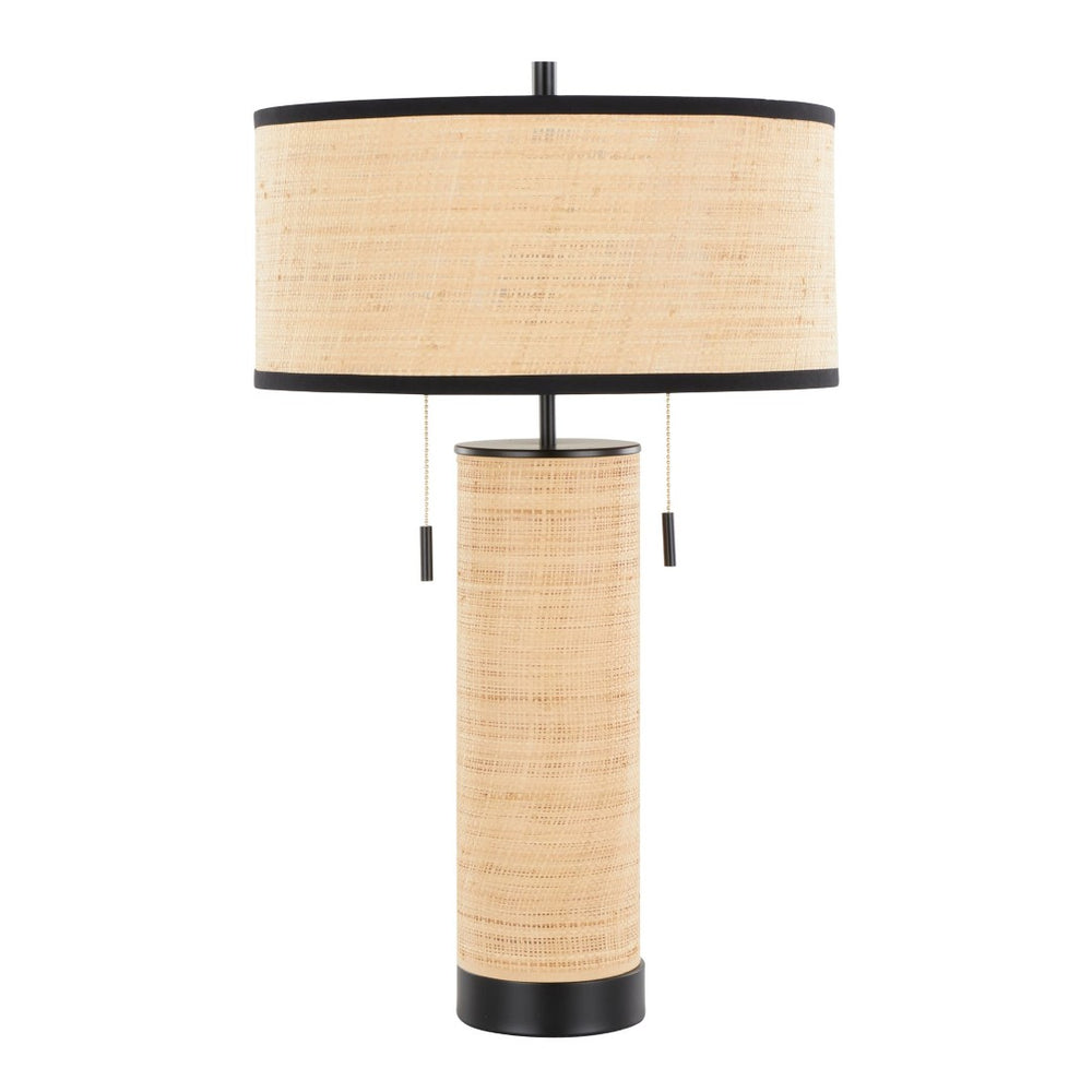 English Elm Cylinder Woven Rattan Table Lamp with Black Metal Accents for Modern Boho Spaces B202P224207