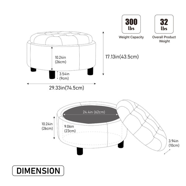 English Elm 29.33"w Fleece Tufted Round Storage Ottoman Reversible Lid Footstool for Living Room Beige W3189P422396