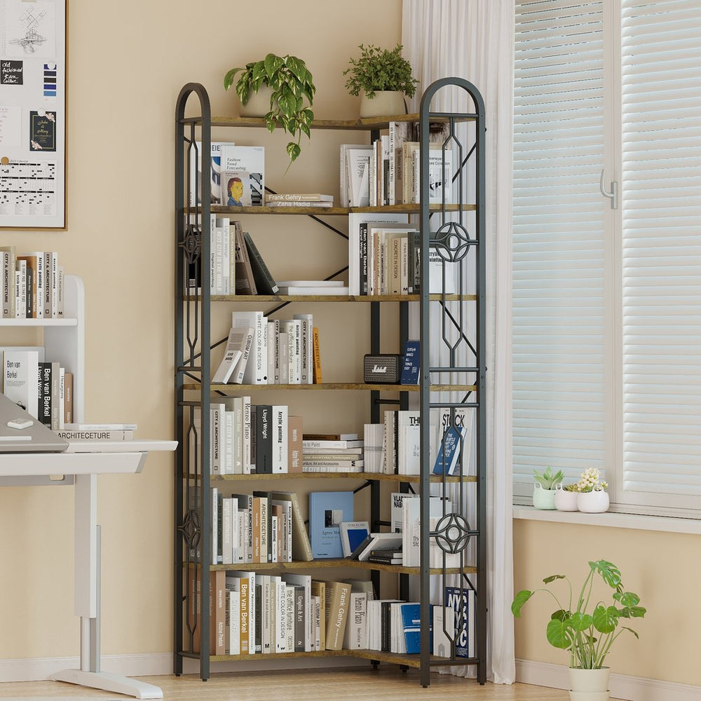 English Elm Corner 7-Tier Industrial Corner Shelf - L-Shaped Wood & Metal Etagere, Anti-Tilt Freestanding Display for Living Room Kitchen Office Space-Saving Design W3062P289201