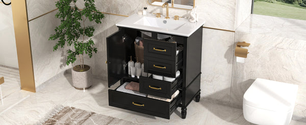 English Elm Christopher Knight Home® - 30" Bathroom Vanity with Ceramic Sink, Acacia & MDF Cabinet, Soft-Close Door & Drawers Black N759P346895B