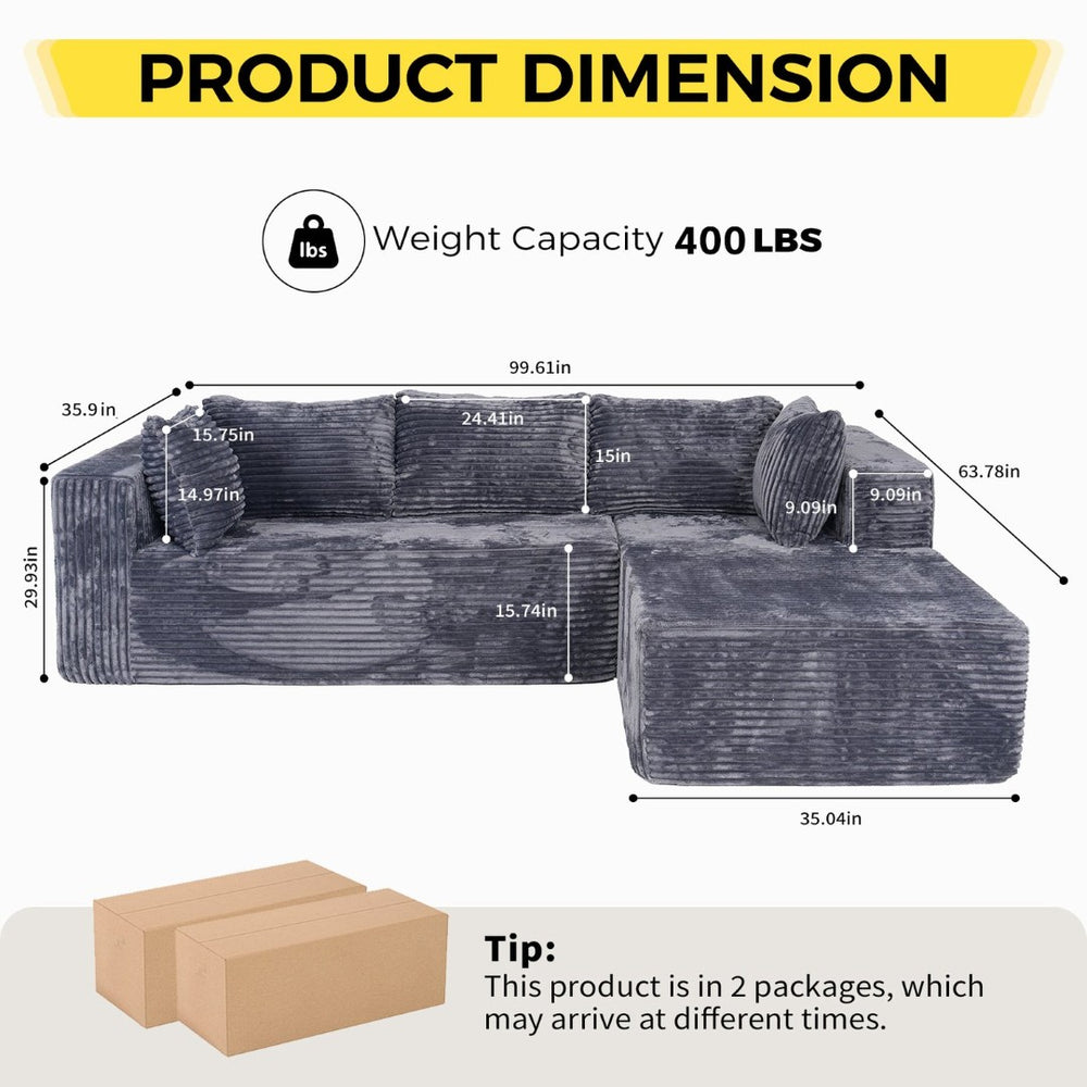 English Elm 100" Corduroy L-shaped Sectional with Deep Foam Seats Modular Living Room Couch T5880S00007