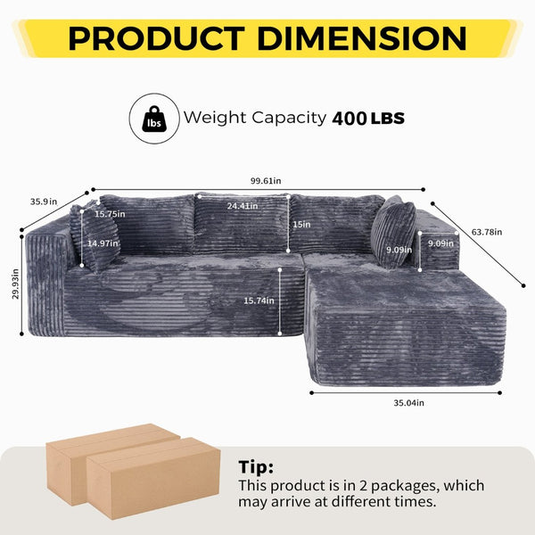 English Elm 100" Corduroy L-shaped Sectional with Deep Foam Seats Modular Living Room Couch T5880S00007