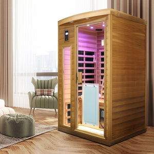 English Elm Low Emf Two Person Far Infrared Sauna with Cedar Wood Bluetooth Audio and Led Lighting W632S00024