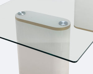 Sunpan Aemond 86.5" Elegant Dining Table with Clear Glass Top & White Concrete Legs for Stylish Spaces