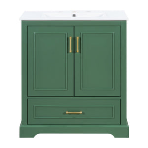 English Elm 30" Modern Bathroom Vanity with Ceramic Sink, Soft-Close Doors, Divided Drawer & Dual Door Shelves Green N729P321376F