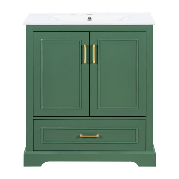 English Elm 30" Modern Bathroom Vanity with Ceramic Sink, Soft-Close Doors, Divided Drawer & Dual Door Shelves Green N729P321376F