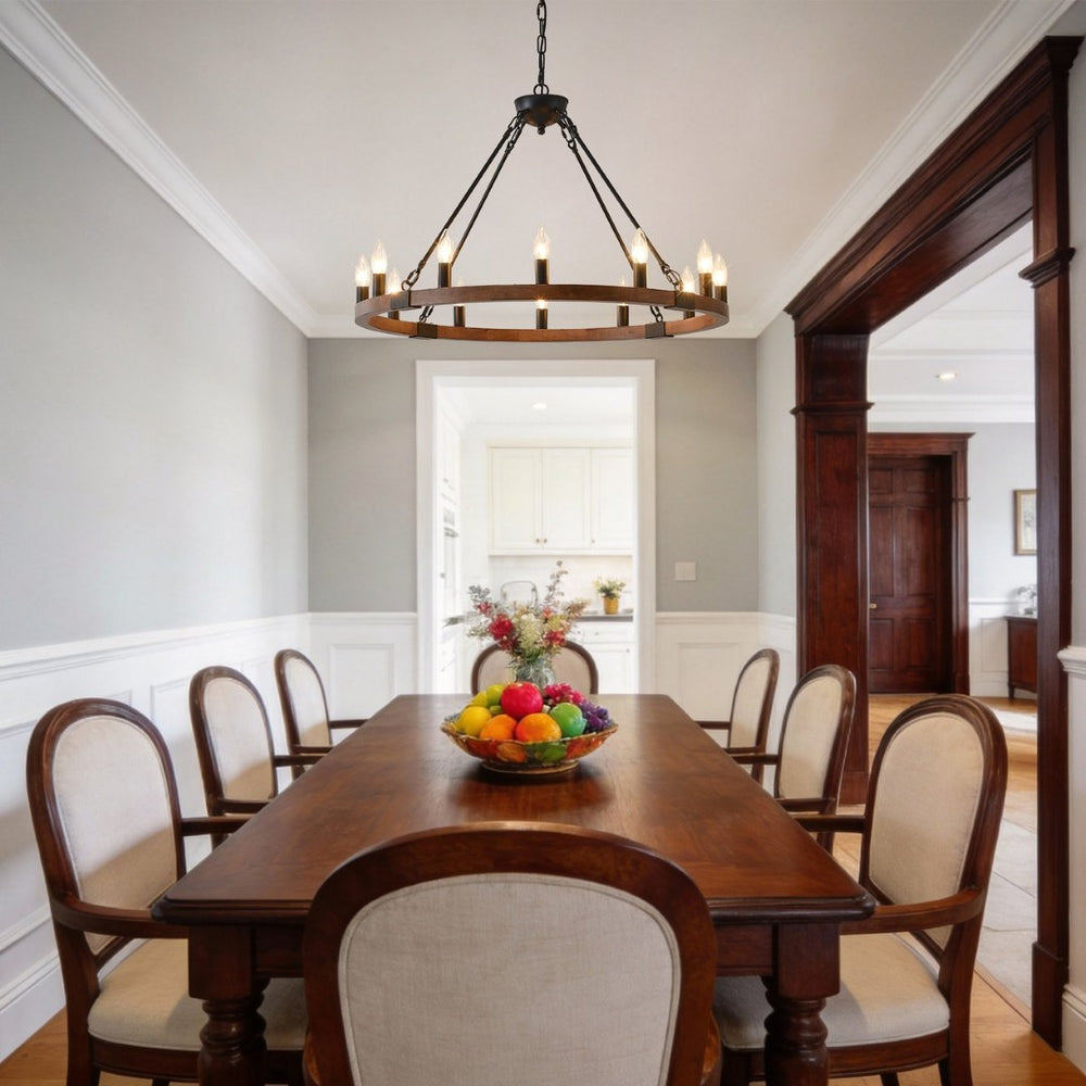 English Elm 31.5 Inch Wagon Wheel Chandelier Wood Matte Black 12-light Farmhouse Pendant Fixture W5008P464752