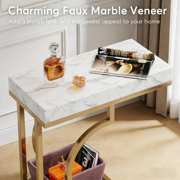 English Elm Stable C-shaped Side Table Faux Marble Top Gold Metal Frame Sofa Arm Accent T3971P446749