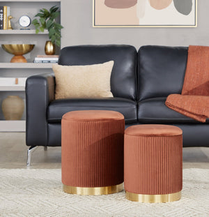 English Elm Nesting Pleated Velvet Ottoman Pair with Polished Gold Base Glam Living Room Accent B202P471509