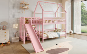 English Elm Full Bunk Bed with Trundle Bookshelf Storage Pine Frame Car Design for Kids Pink W1580S00304
