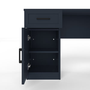 English Elm L-shaped Home Office Desk with Open Shelves Flip Shelf Cabinets and Drawer Storage Antique Blue W1580S00494
