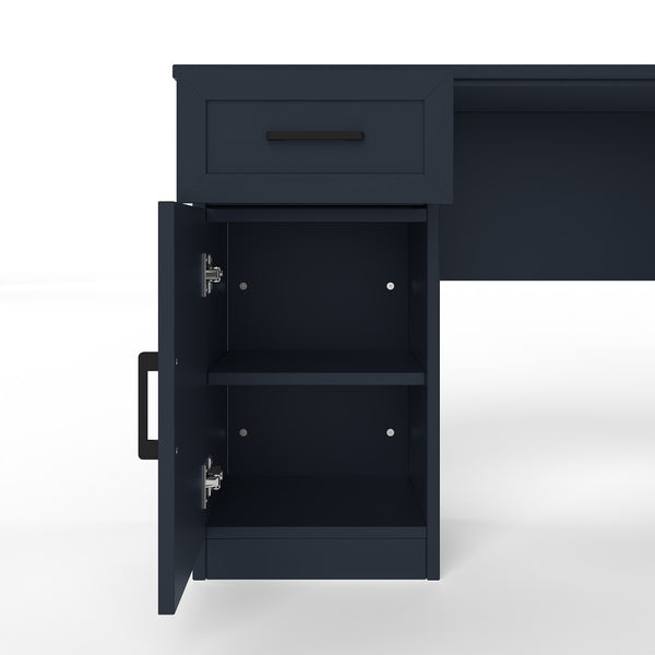 English Elm L-shaped Home Office Desk with Open Shelves Flip Shelf Cabinets and Drawer Storage Antique Blue W1580S00494